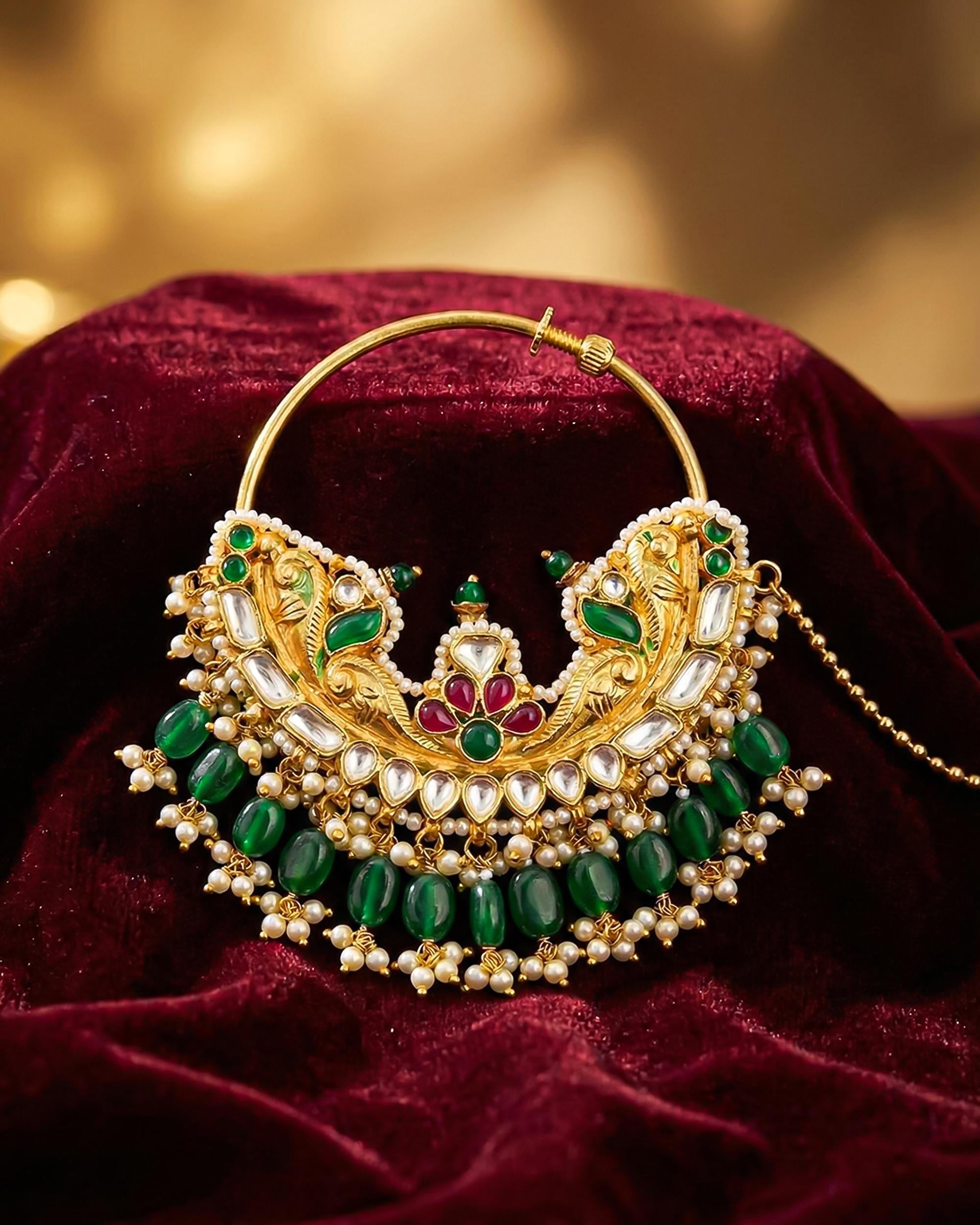 Heavy Royal Peacock Kundan Bridal Nath Emerald Ruby Enamel Pearl Drop Nose Ring Sahara Chain