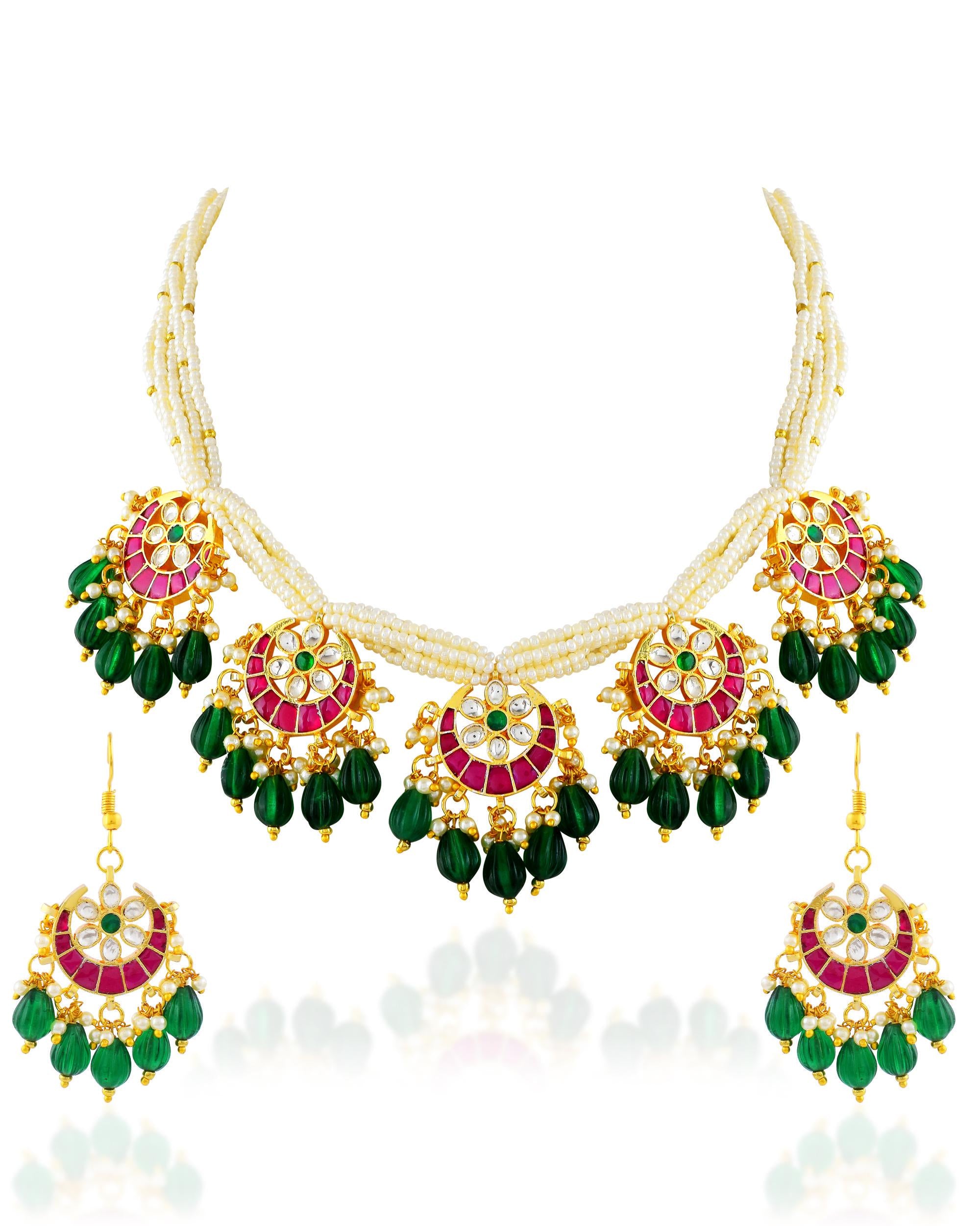 Kundan Choker Necklace Set, Pink Green Pearls, Indian Bridal Wedding Jewelry