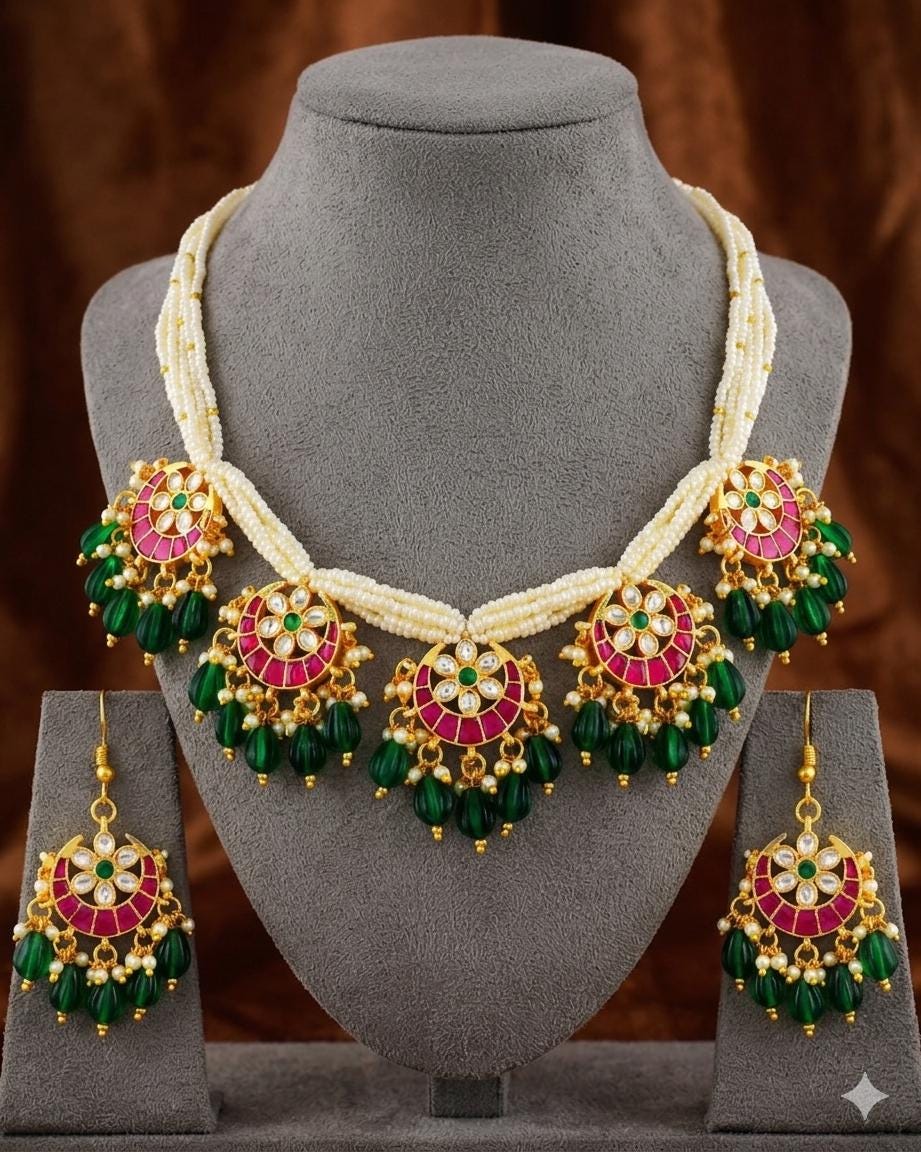 Kundan Choker Necklace Set, Pink Green Pearls, Indian Bridal Wedding Jewelry