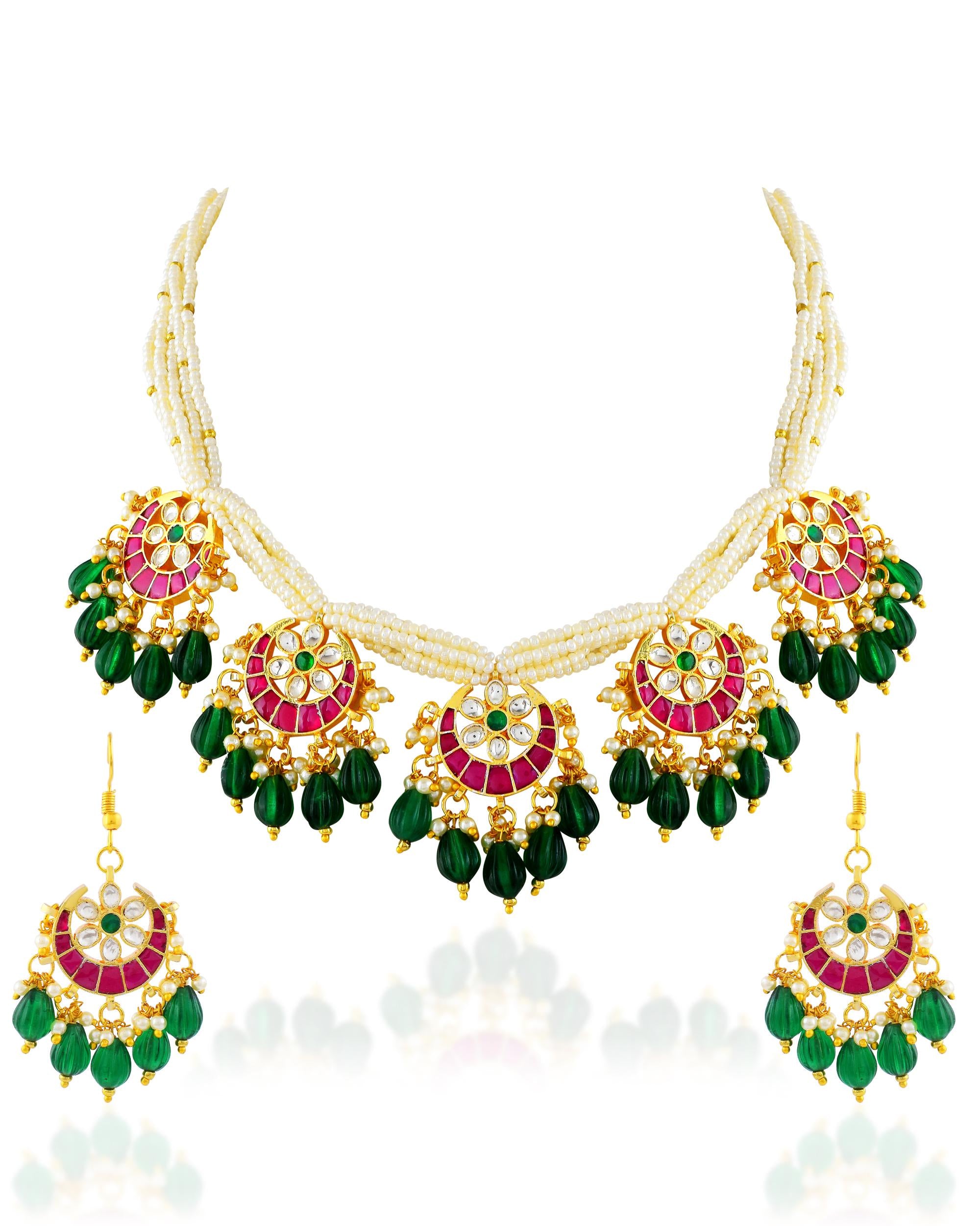 Kundan Choker Necklace Set, Pink Green Pearls, Indian Bridal Wedding Jewelry