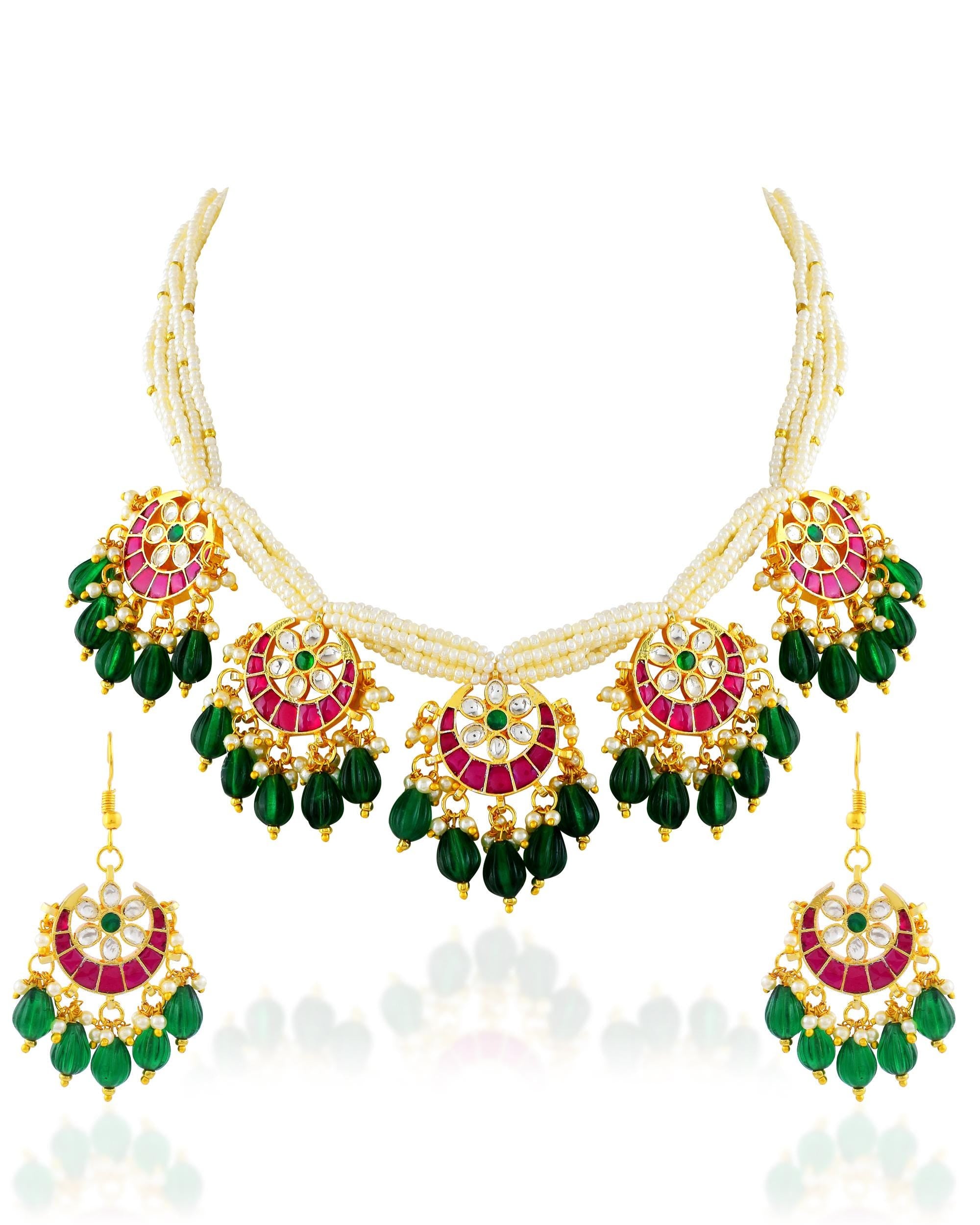 Kundan Choker Necklace Set, Pink Green Pearls, Indian Bridal Wedding Jewelry