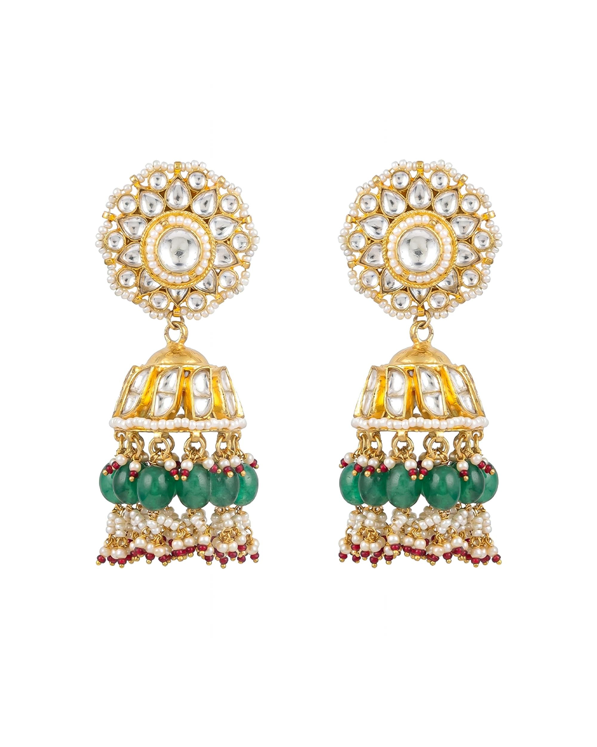 kundan earrings,Heritage Pachi Kundan Jhumka Earrings with Emerald Beads & Fine Pearl Clusters