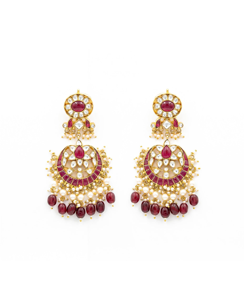 Heritage Pachi Kundan & Ruby Chandbali Earrings with Pearl Droplets