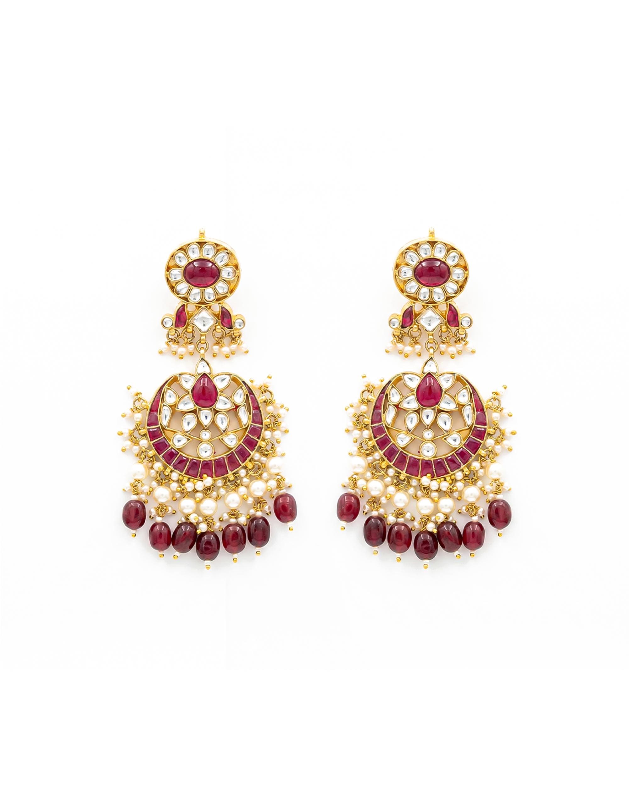 Heritage Pachi Kundan & Ruby Chandbali Earrings with Pearl Droplets