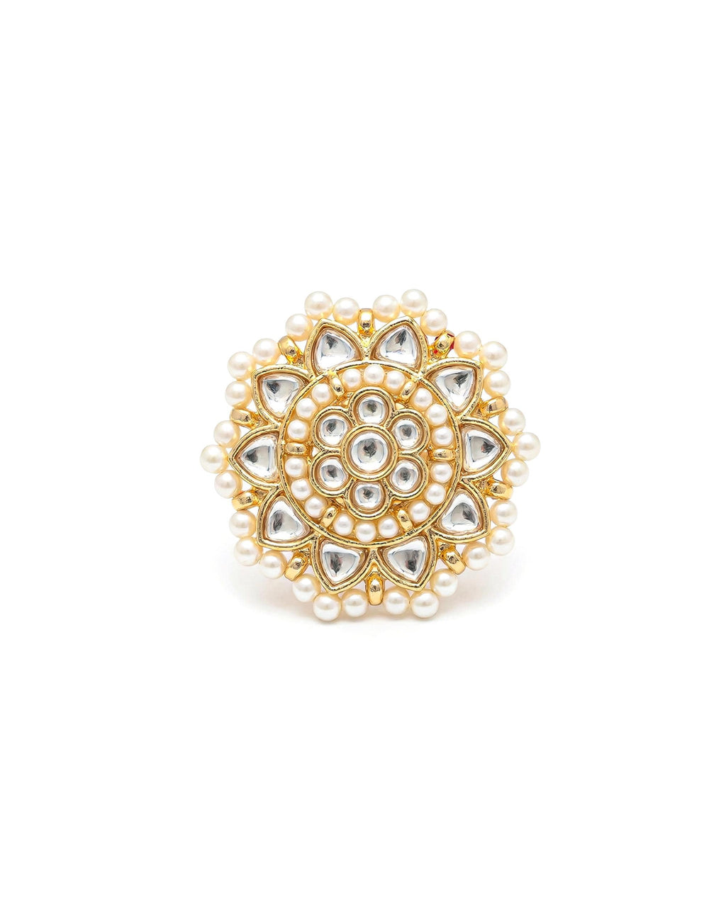 kundan cocktail ring Oversized Polki Kundan Statement Ring with Pearl Border, Adjustable Gold Tone Bridal Jewelry