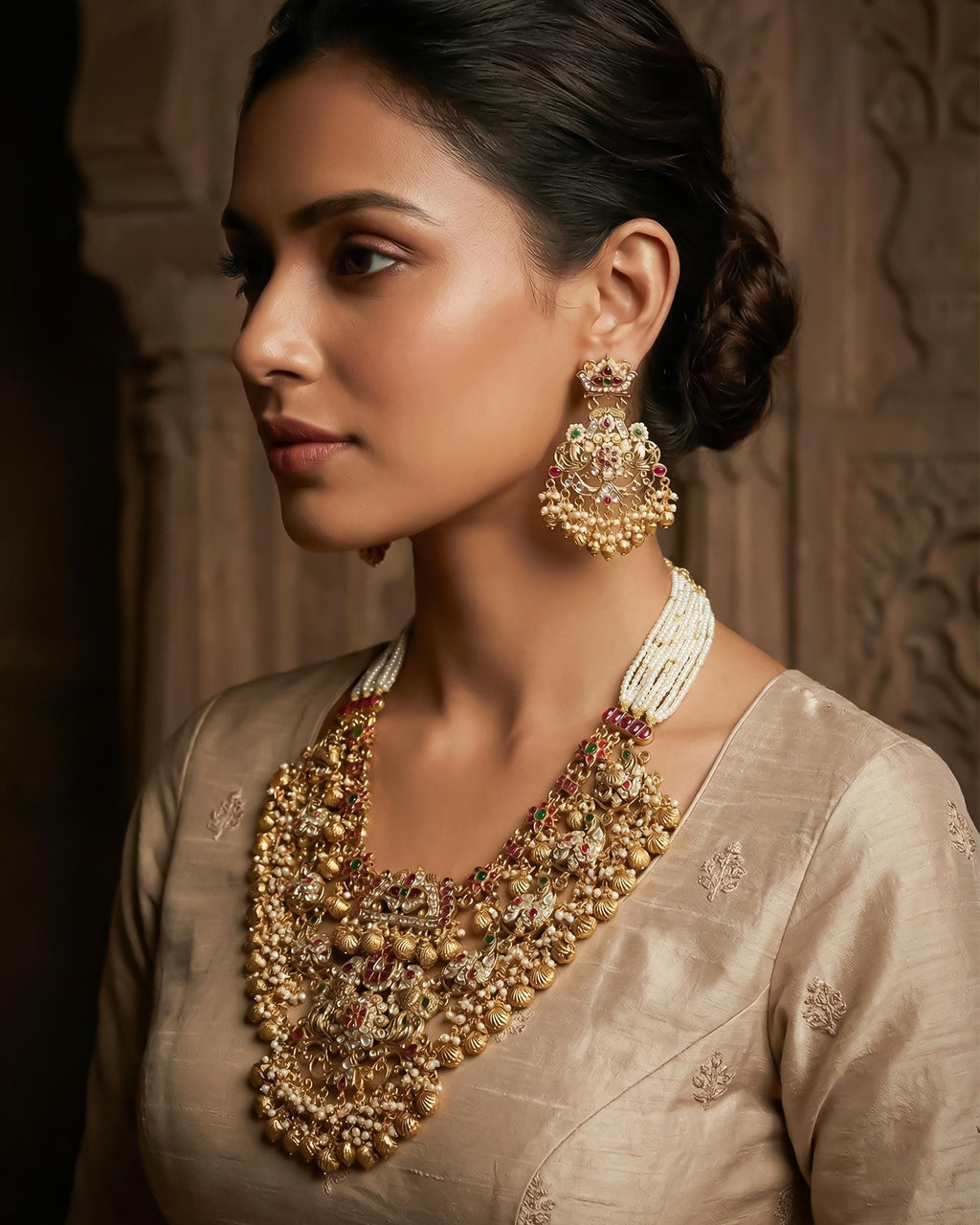 bridal jewelry set Antique Gold Pachi Kundan Bib Necklace Set  Royal Bridal Collar, Statement Wedding Jewelry