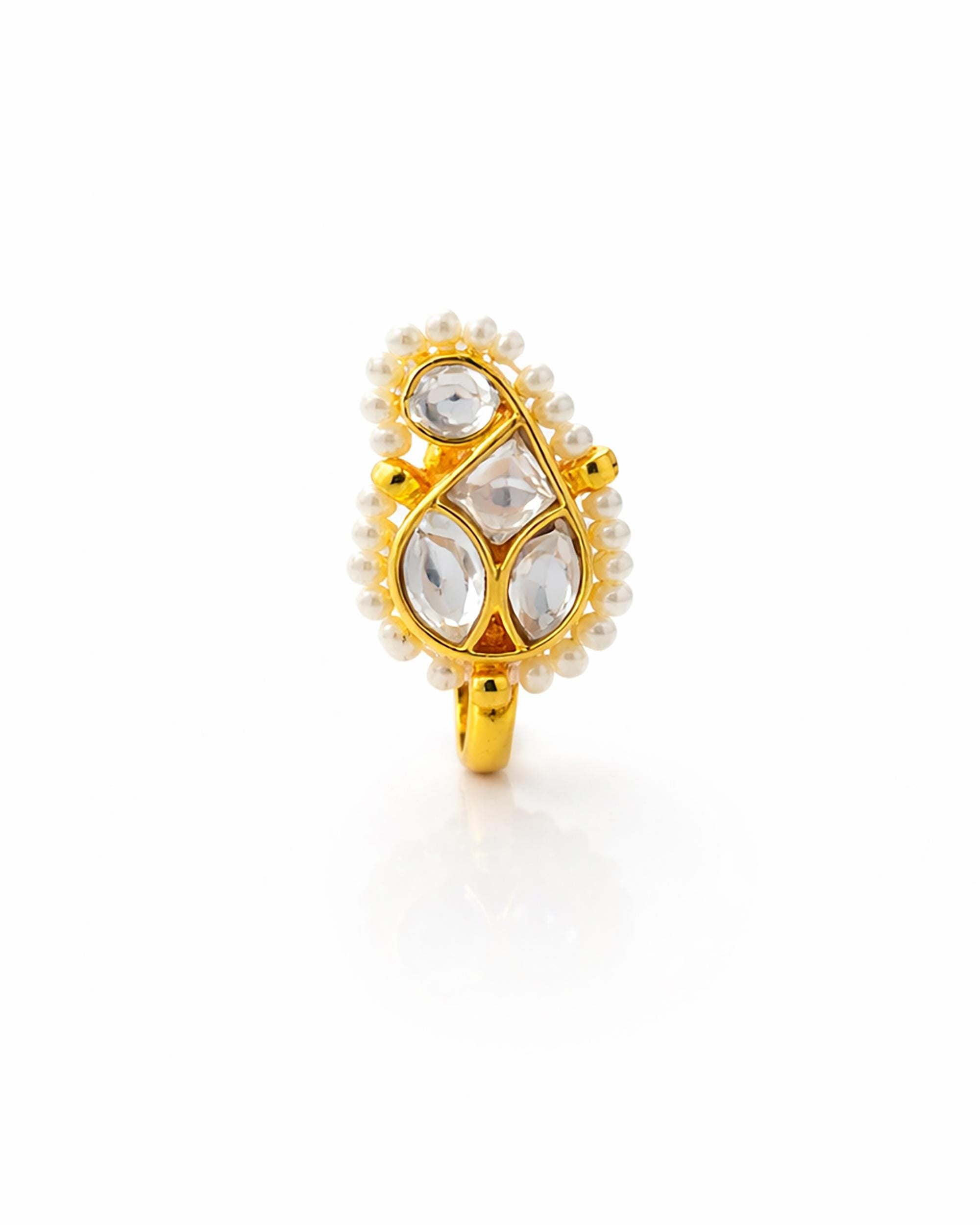 Clip on nose Paisley Kundan Clip On Nose Pin | Pearl Teardrop Non Pierced Nath