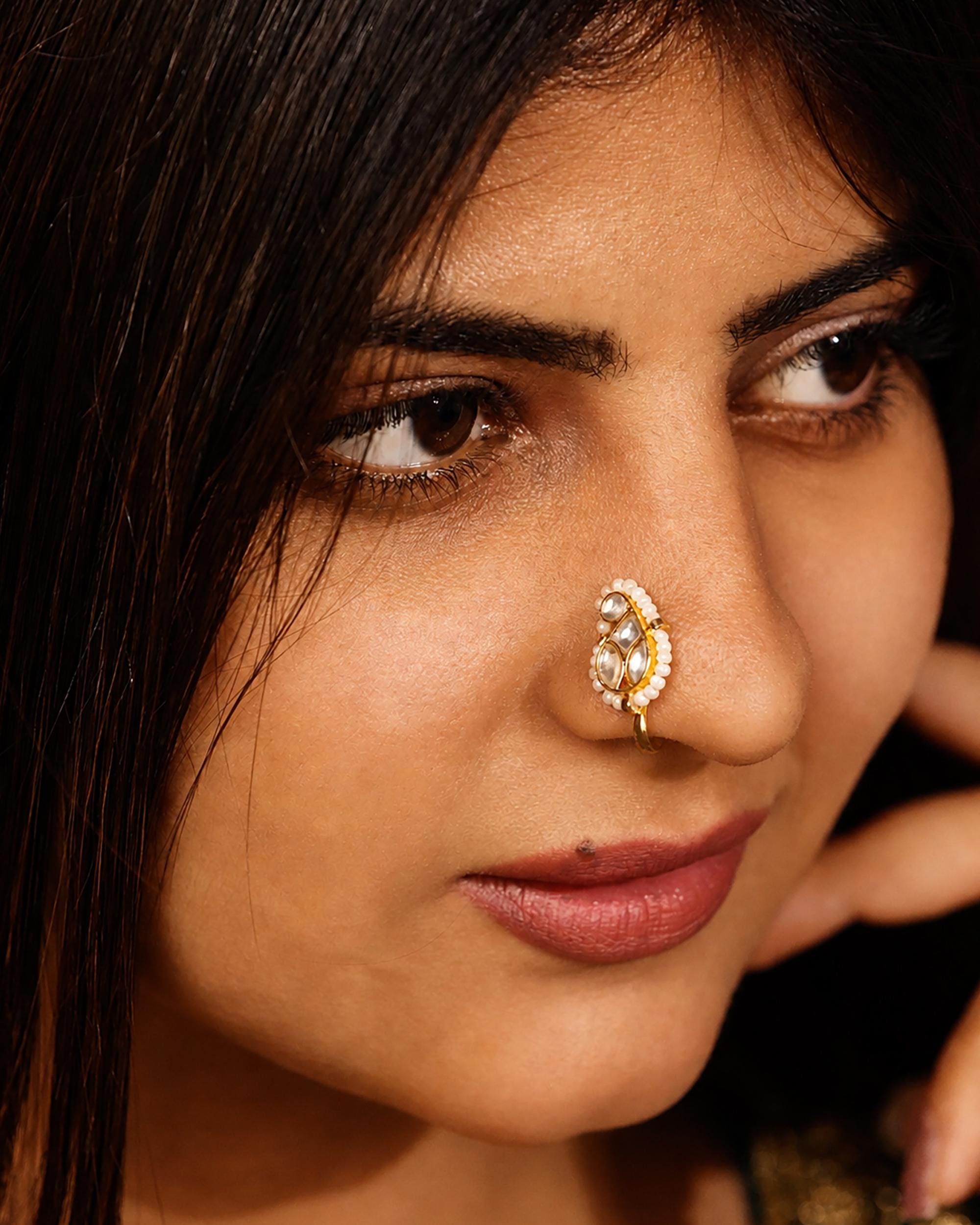 Clip on nose Paisley Kundan Clip On Nose Pin | Pearl Teardrop Non Pierced Nath