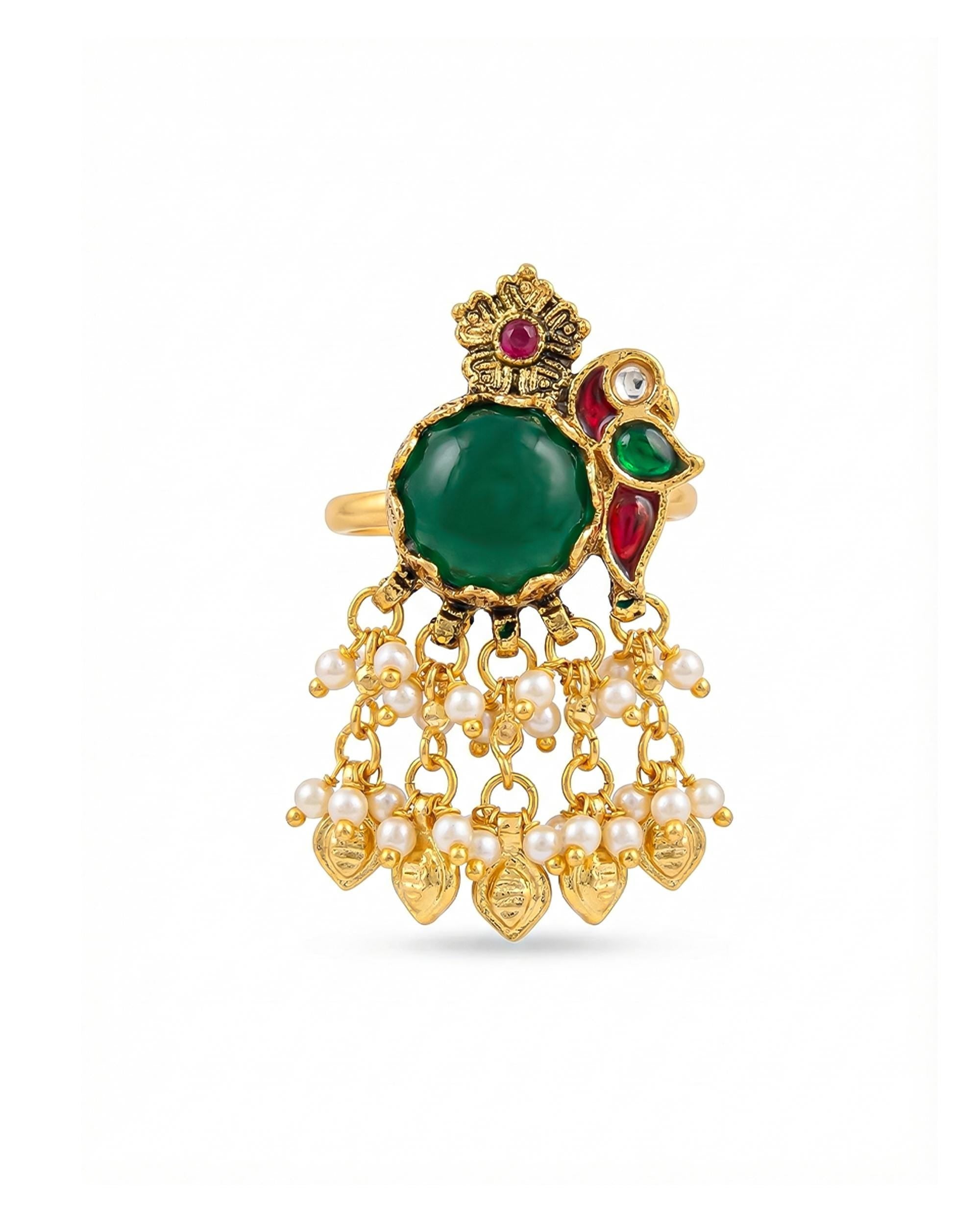 Antique ring Antique Green Stone Statement Ring with Pearl Latkan | Ethnic Gold Tone Bridal Jewelry