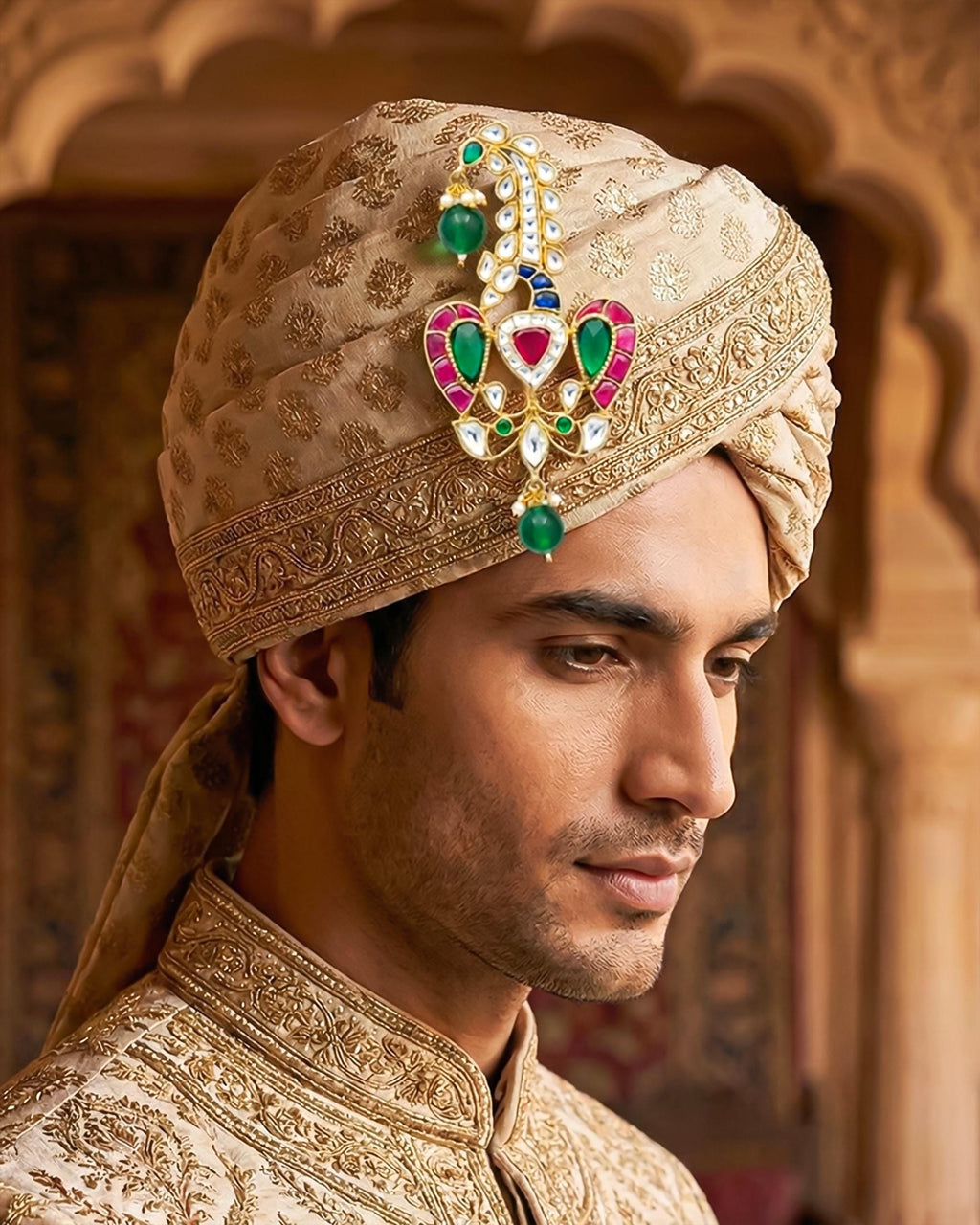 Royal Groom Sarpech Turban Brooch | Gold Plated Bird Motif, Kundan Emeralds