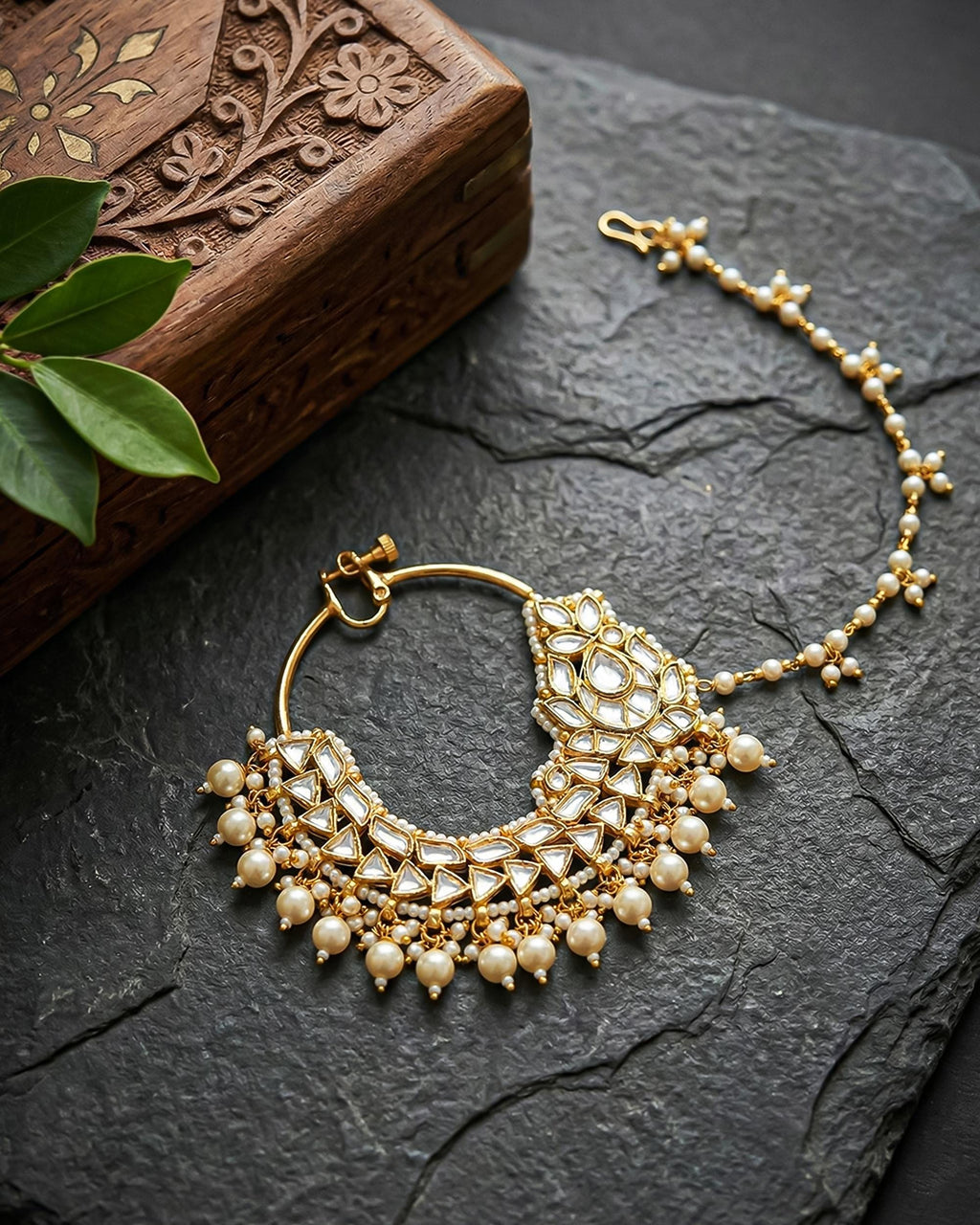Heavy Bridal Kundan Nath with Pearl Clusters | Traditional Indian Wedding Nose Ring Sahara Chain