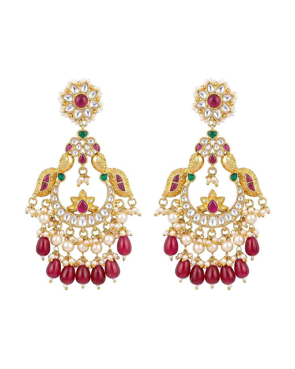 Bridal chandbali Royal Peacock Chandbali Earrings: Pachi Kundan, Ruby Tumbled Beads, Bridal Indian Wedding Jewelry