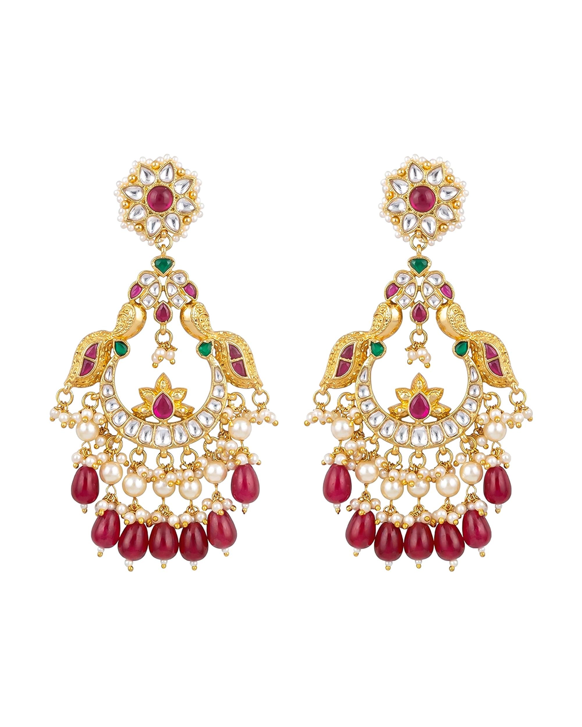 Bridal chandbali Royal Peacock Chandbali Earrings: Pachi Kundan, Ruby Tumbled Beads, Bridal Indian Wedding Jewelry