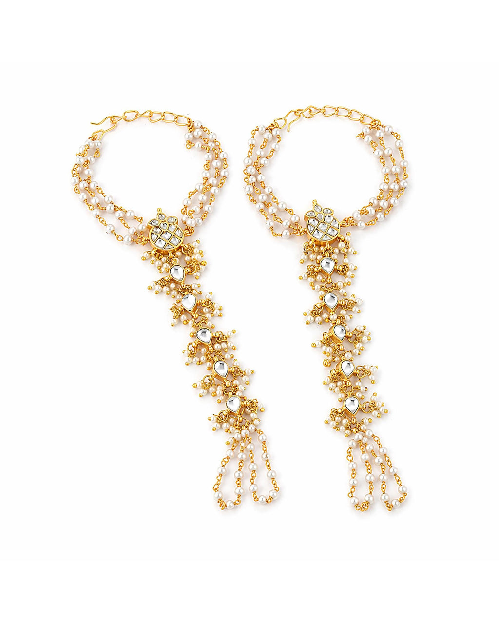 Kundan Hathphool Hand Harness | Gold-Tone Pearl Bridal Hand Jewelry