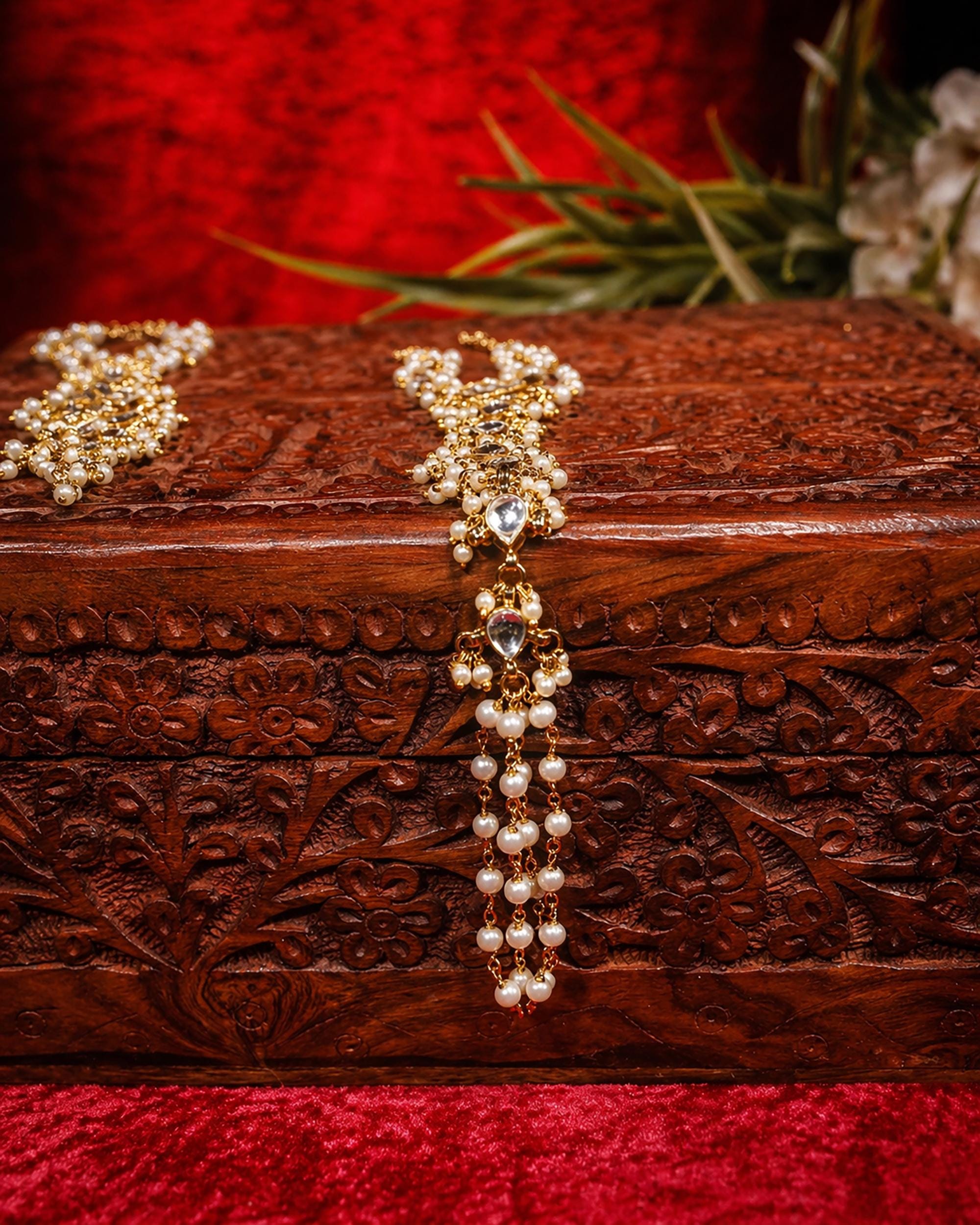 Kundan Hathphool Hand Harness | Gold-Tone Pearl Bridal Hand Jewelry